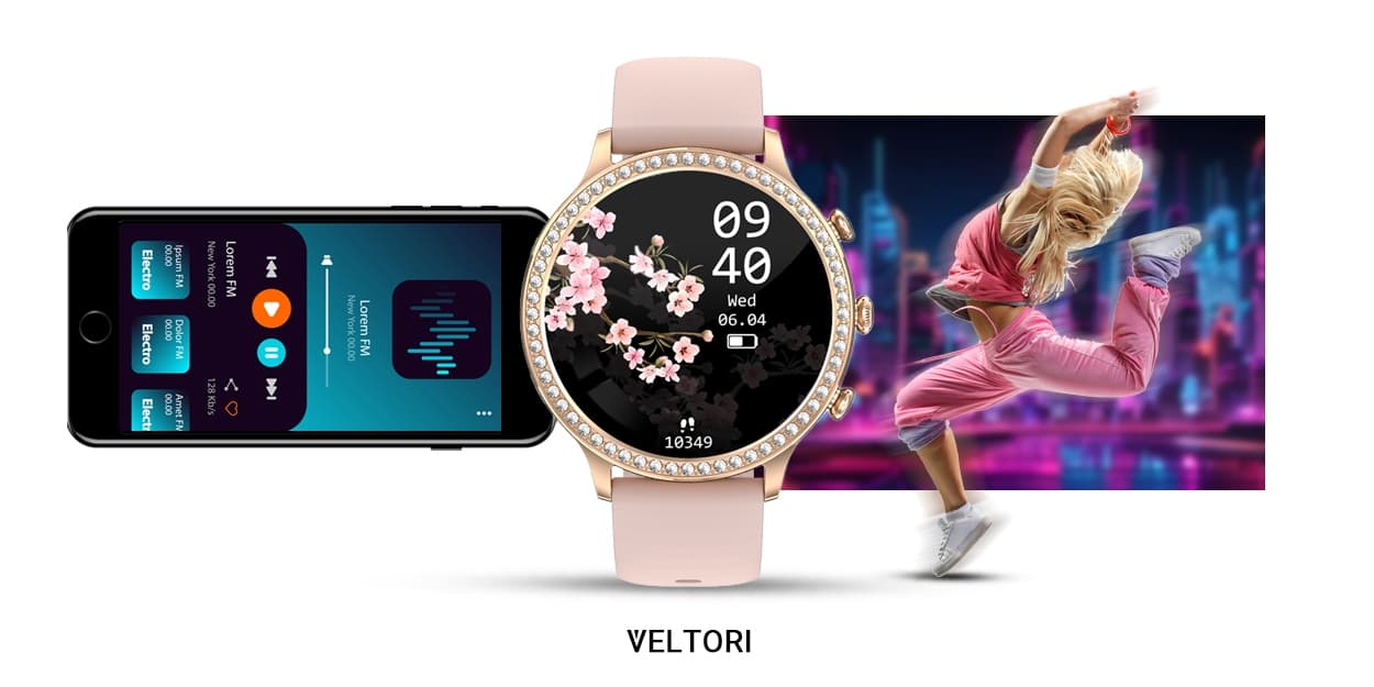 Smartwatch Damski Veltori VT310-1 Złota Bransoleta + Różowy Pasek Silikonowy