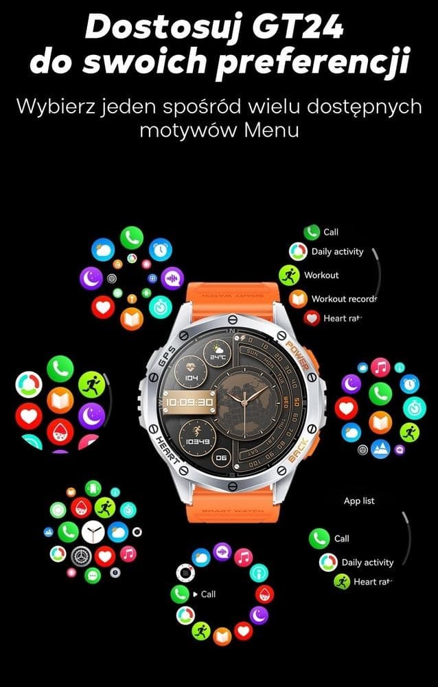 Smartwatch Męski GRAVITY GPS GT24-5 Czarny Pasek Silikonowy + Zielony Pasek Silikonowy